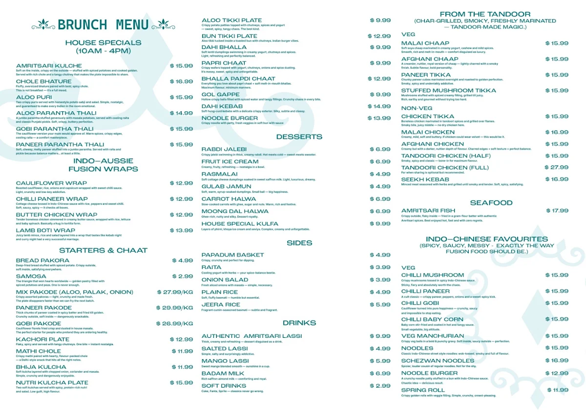 Menu, Krispy kulcha & sweets