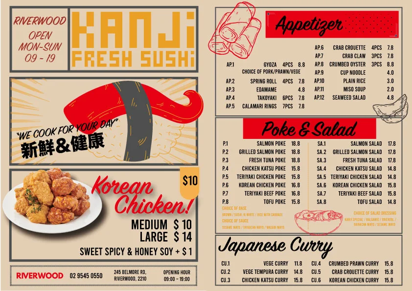 Menu, Kanji Fresh Sushi Riverwood