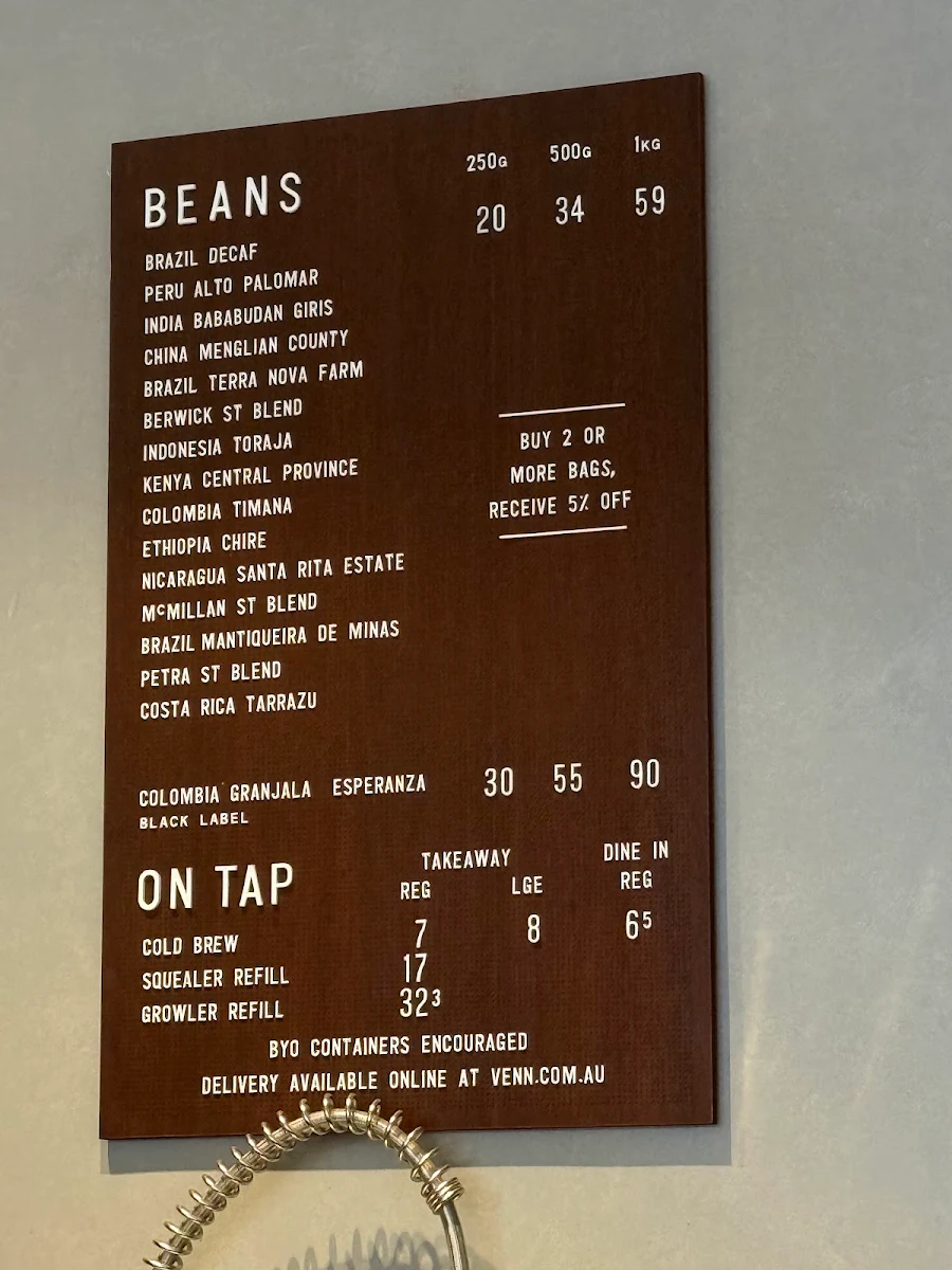 Menu, Venn Coffee - East Victoria Park