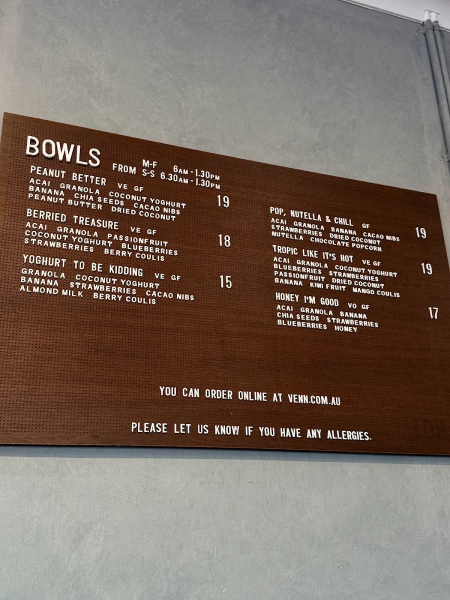 Menu, Venn Coffee - East Victoria Park