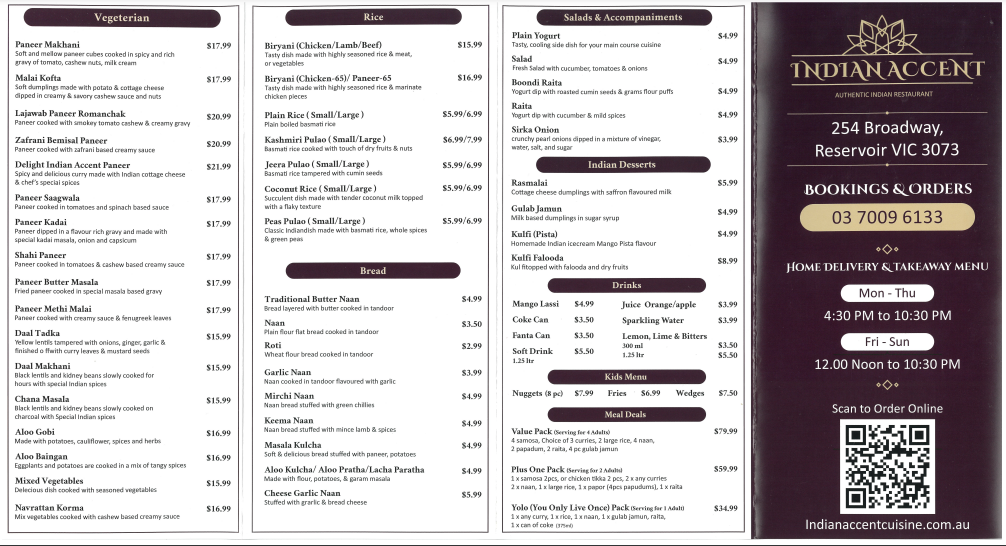 Menu, Indian Accent Cuisine