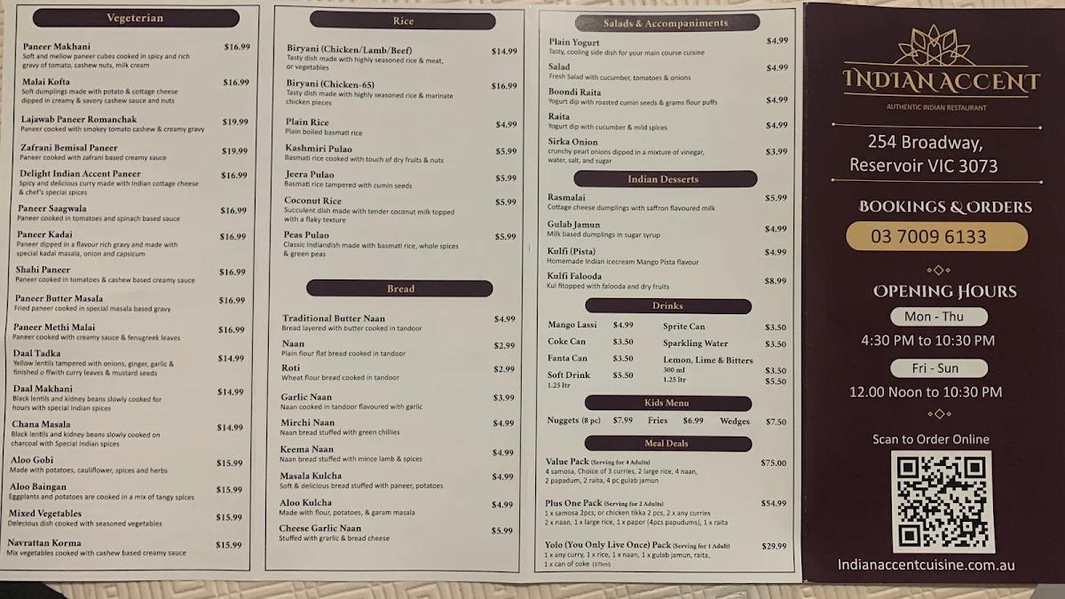Menu, Indian Accent Cuisine