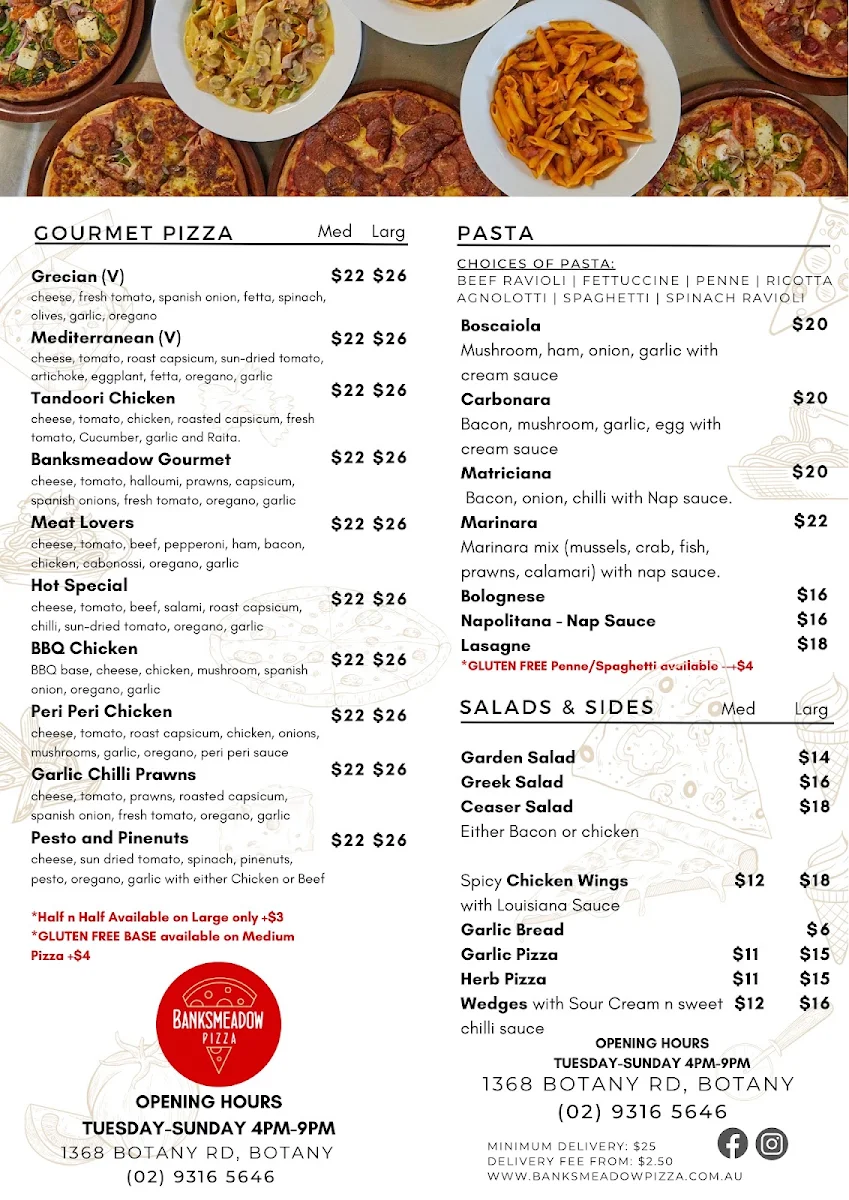 Menu, Banksmeadow Pizza