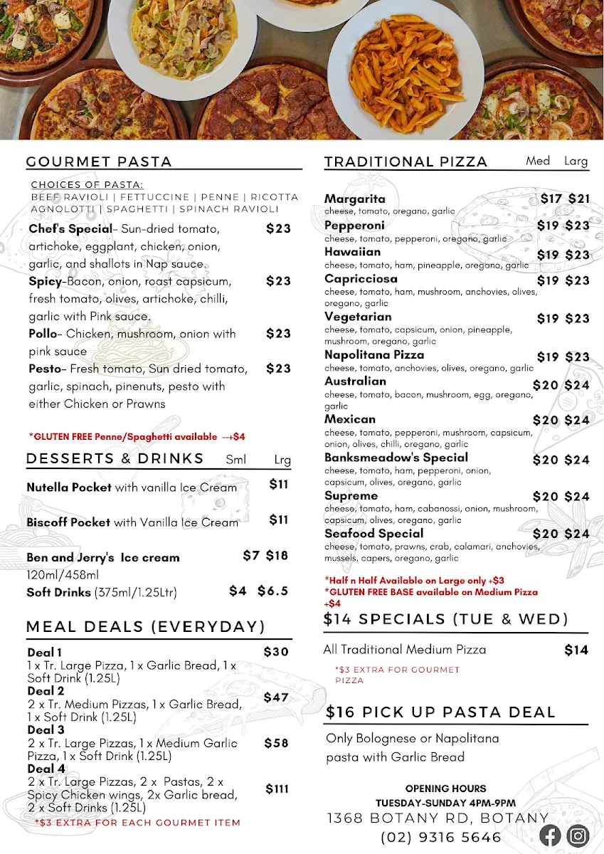 Menu, Banksmeadow Pizza