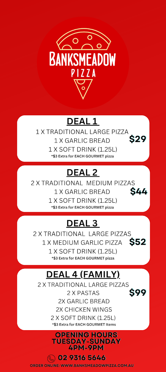 Menu, Banksmeadow Pizza