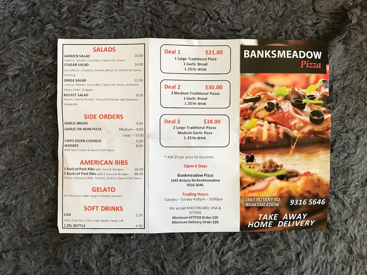 Menu, Banksmeadow Pizza