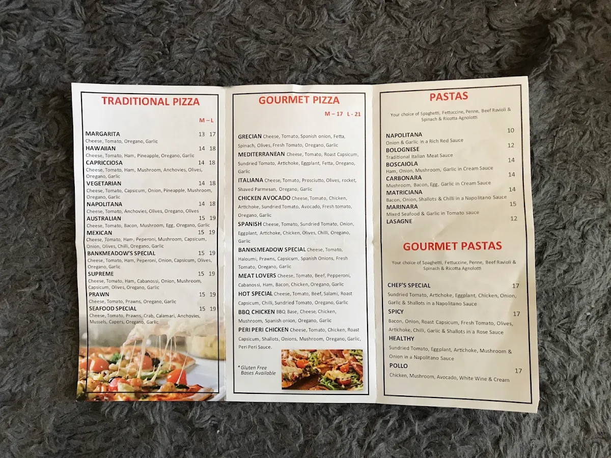 Menu, Banksmeadow Pizza