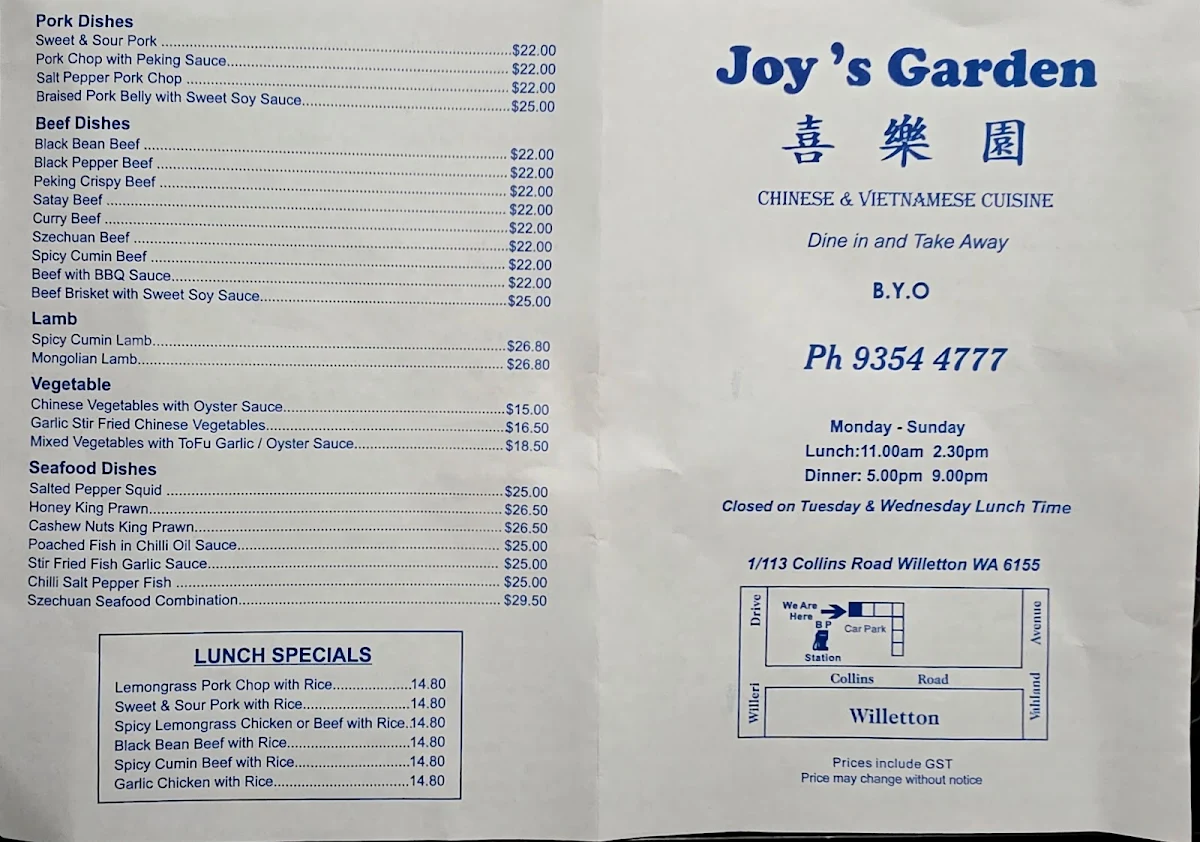 Menu, Joy's Garden Cafe