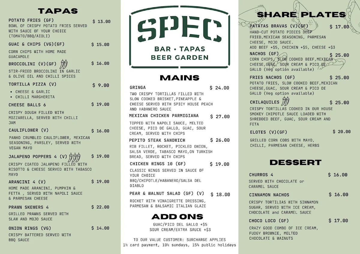 Menu, SPEC bar & tapas