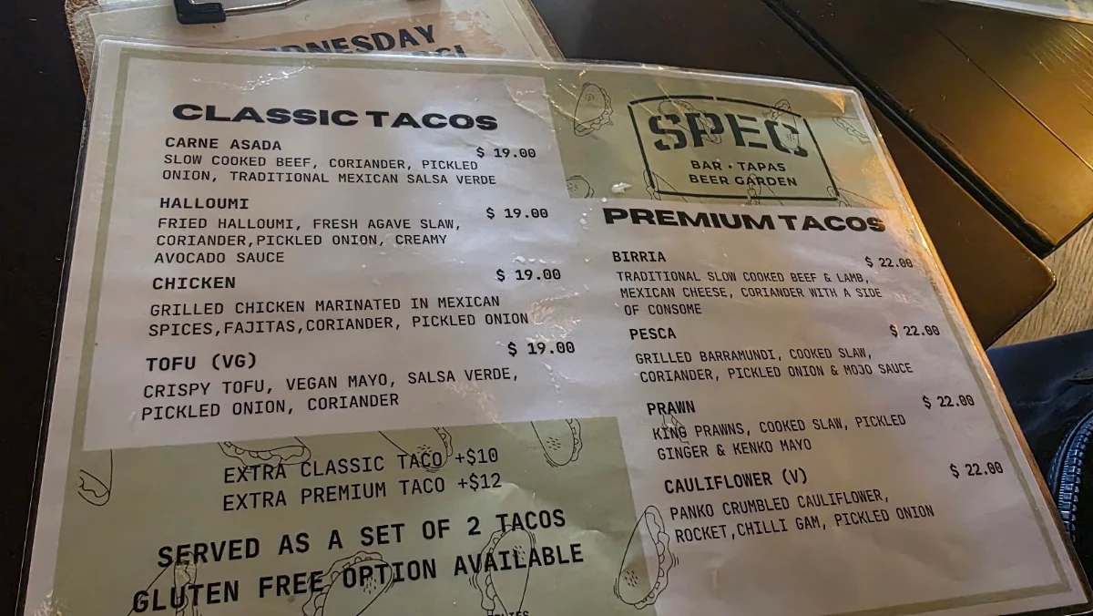 Menu, SPEC bar & tapas