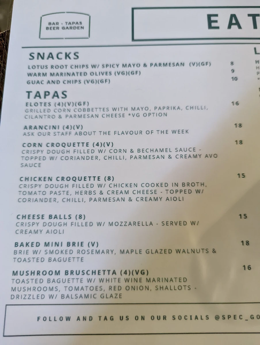 Menu, SPEC bar & tapas