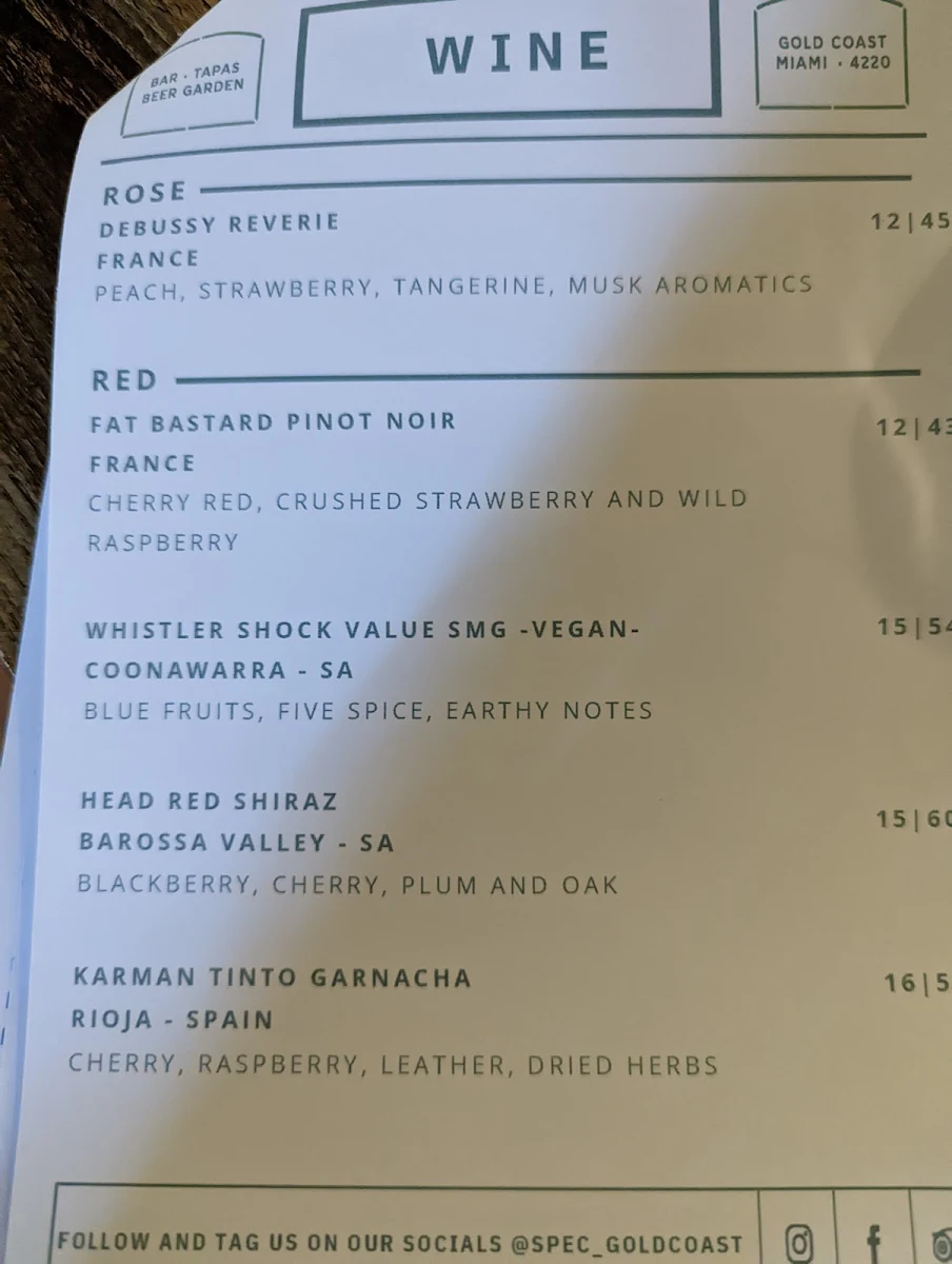 Menu, SPEC bar & tapas