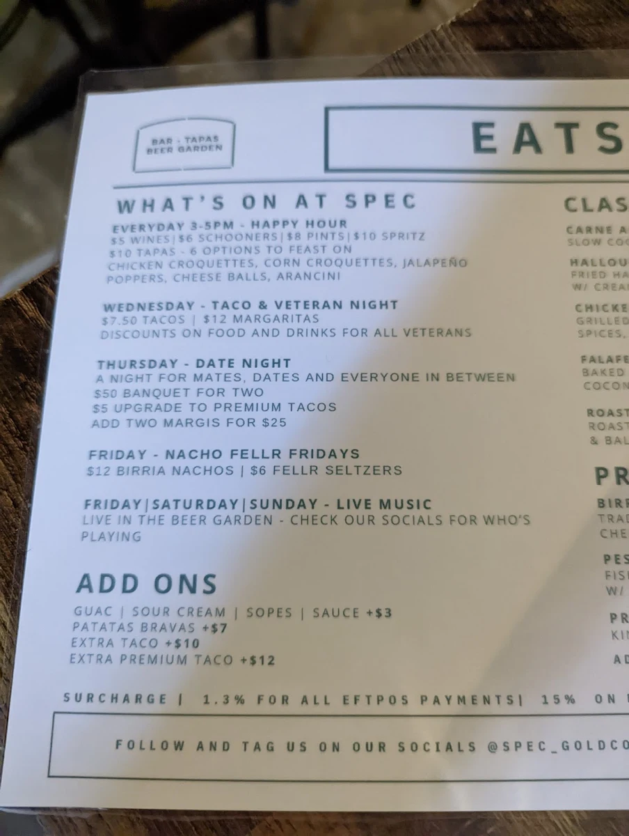 Menu, SPEC bar & tapas
