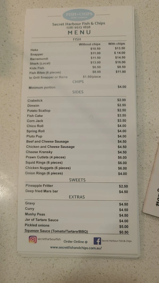 Menu, Secret Harbour Fish & Chips