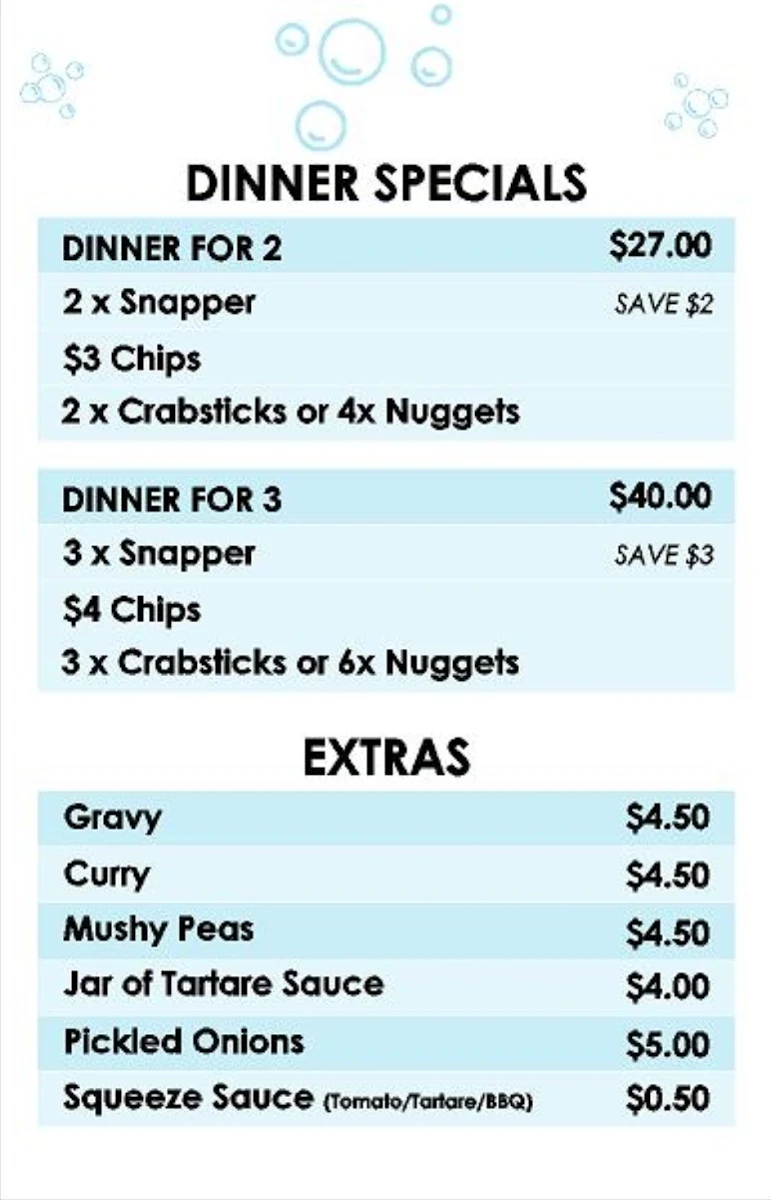 Menu, Secret Harbour Fish & Chips