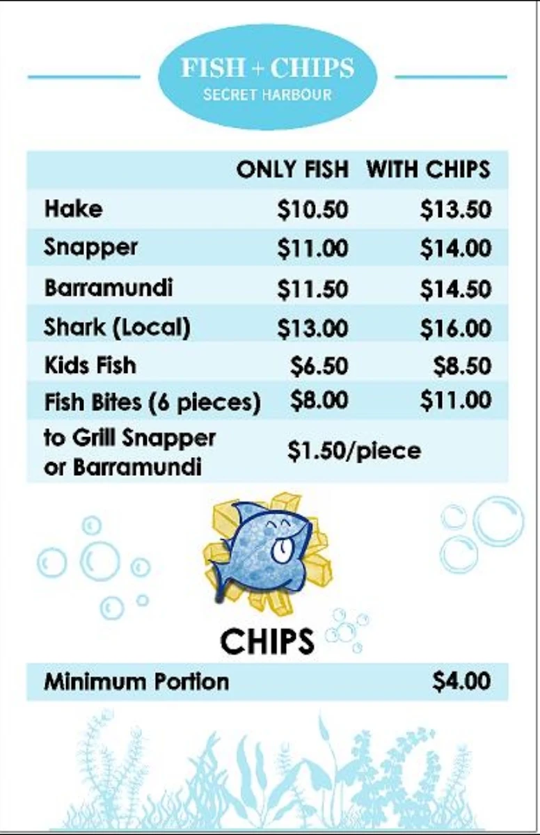 Menu, Secret Harbour Fish & Chips