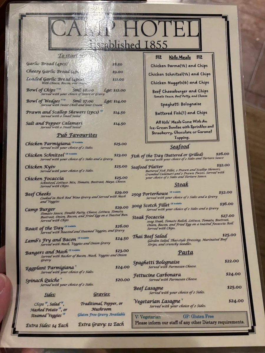 Menu, Camp Hotel