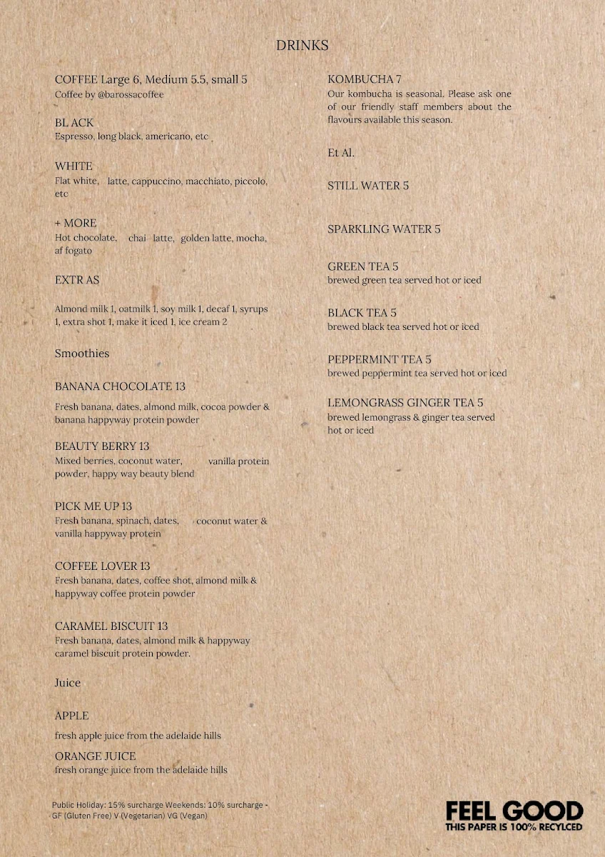 Menu, 2B Nourished Kapunda