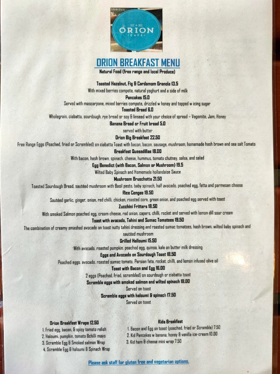 Menu, Yanchep Beach Lagoon Cafe