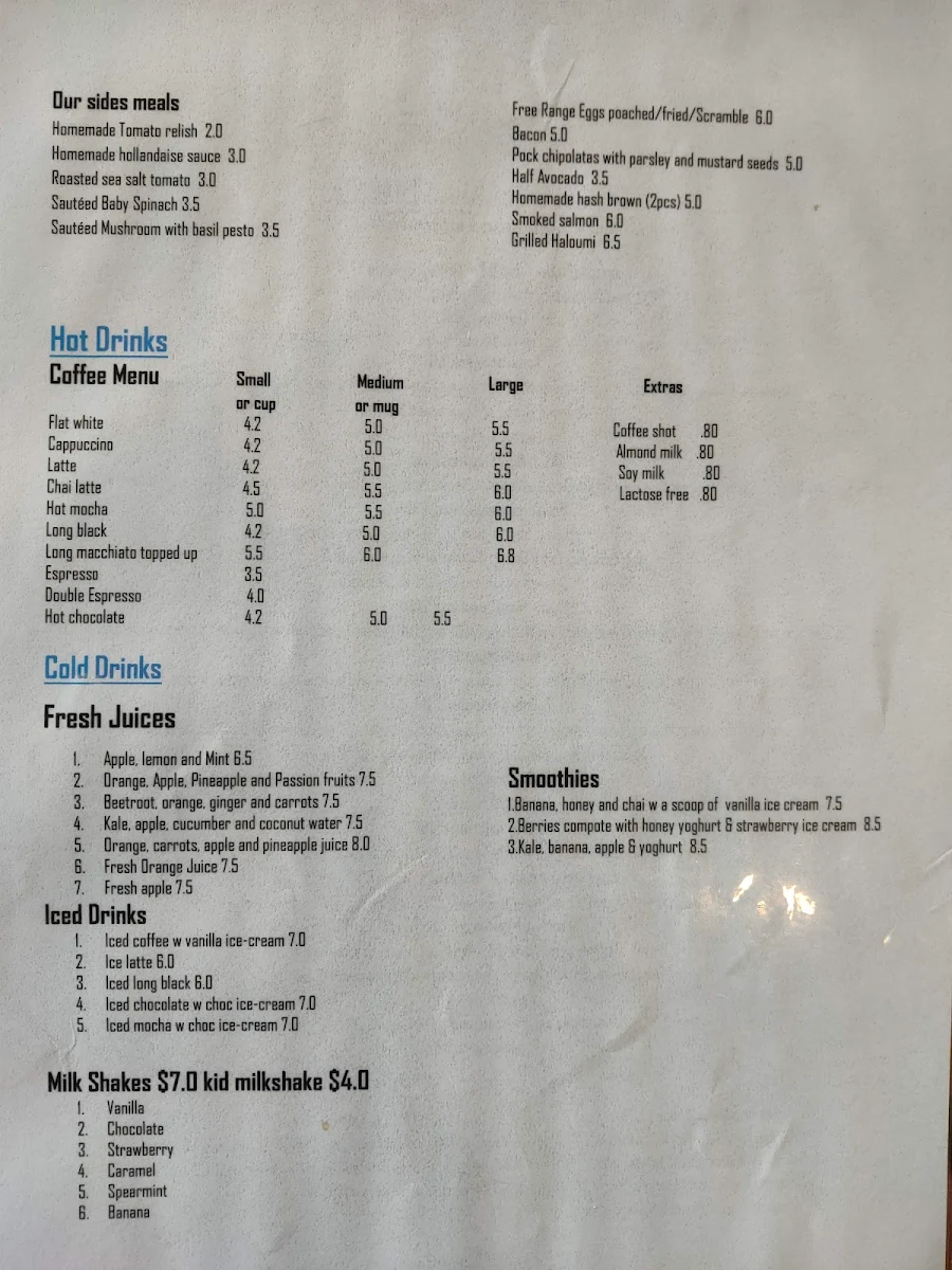 Menu, Yanchep Beach Lagoon Cafe