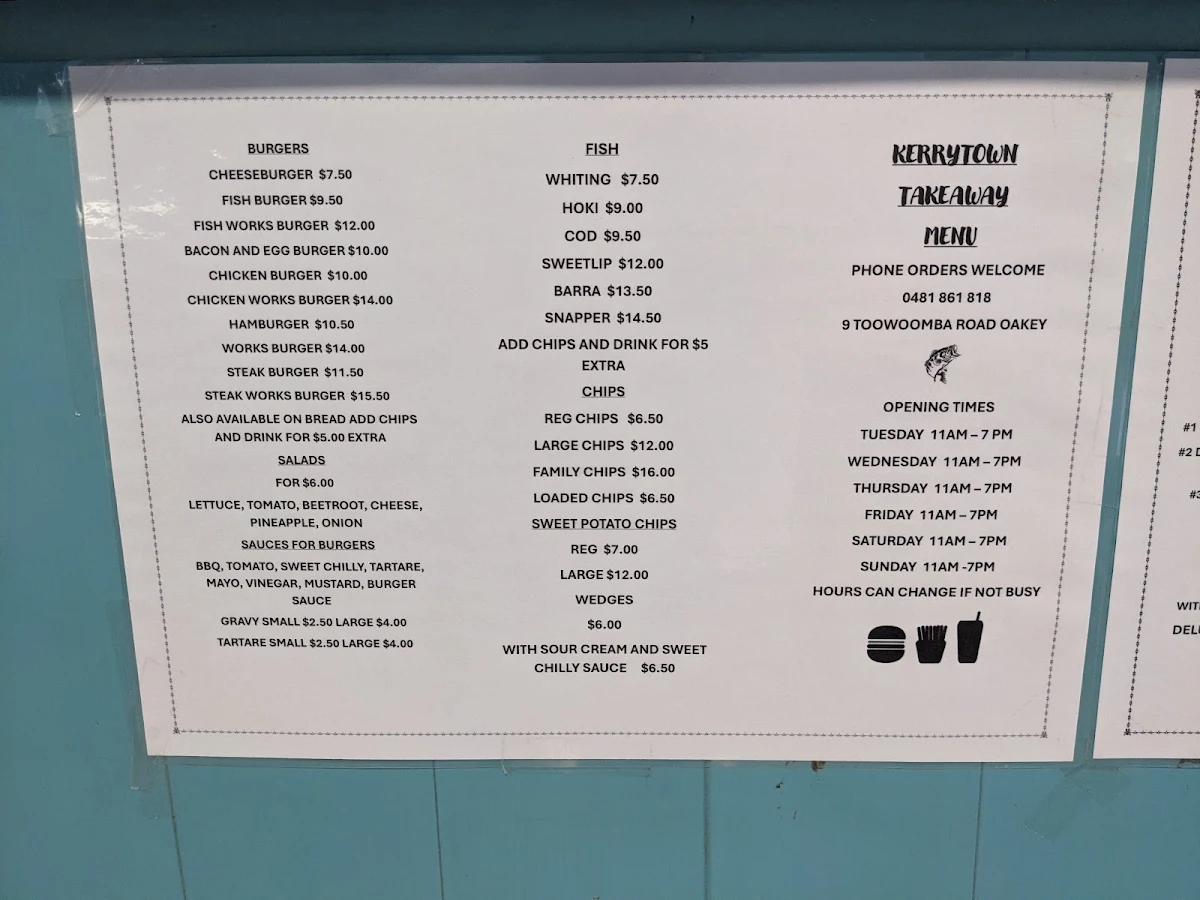 Menu, Kerrytown Takeaway Oakey