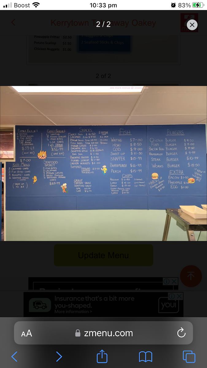 Menu, Kerrytown Takeaway Oakey