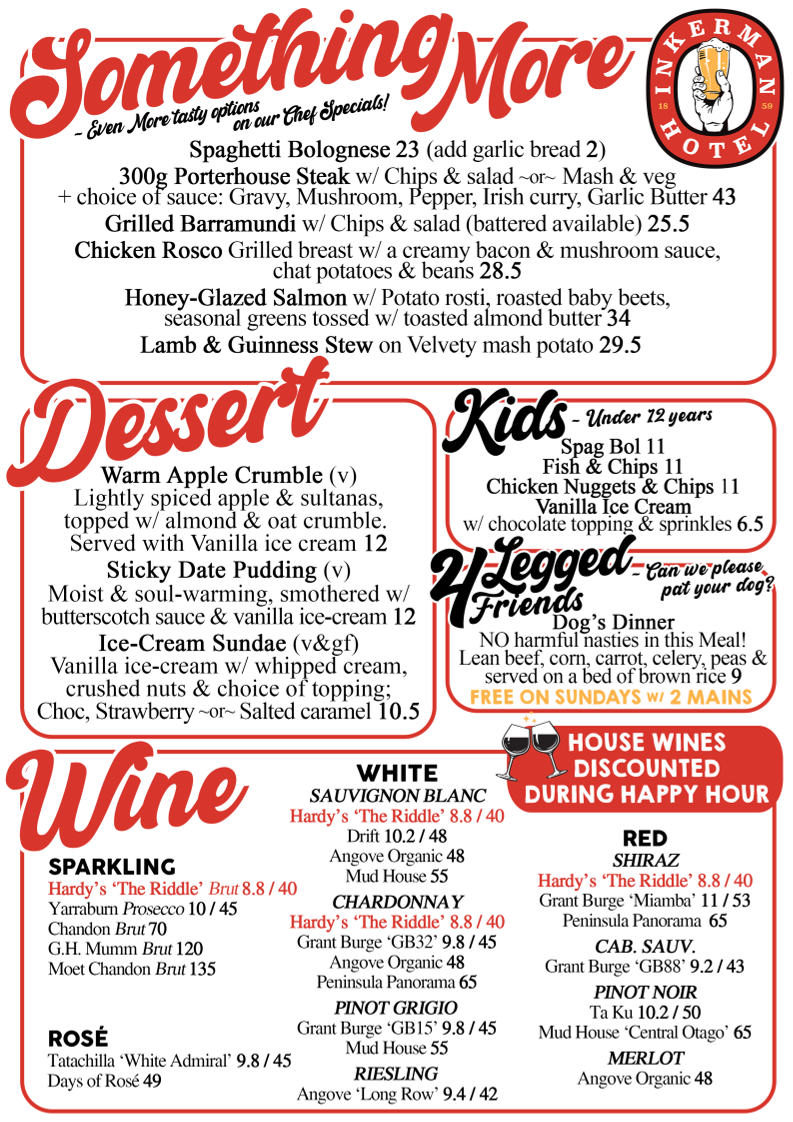 Menu, Inkerman Hotel