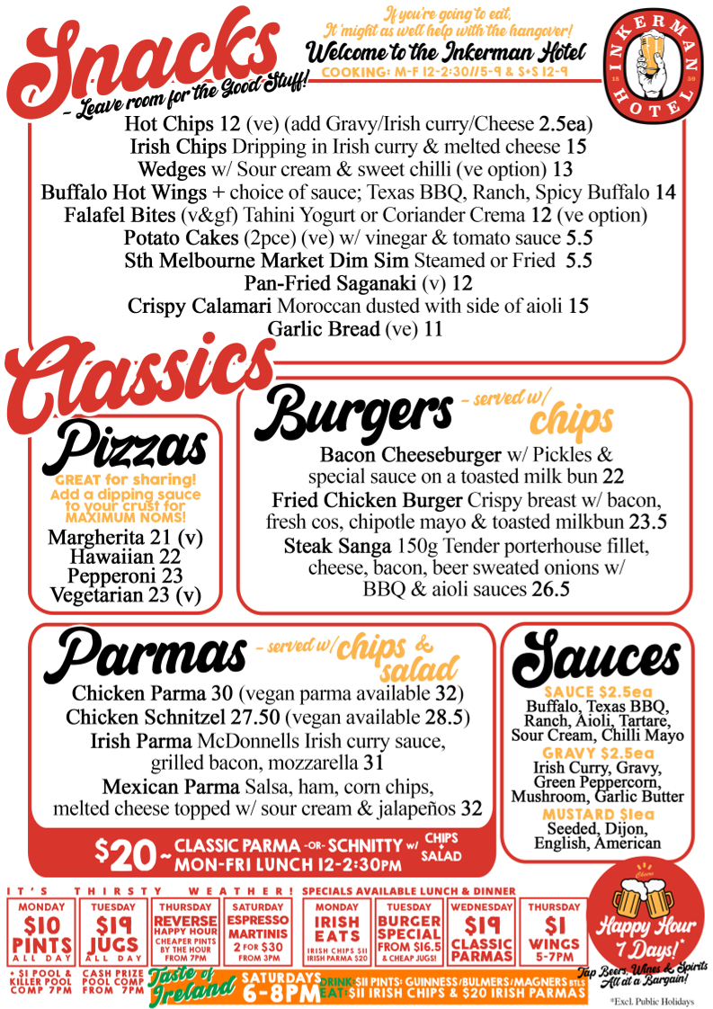 Menu, Inkerman Hotel