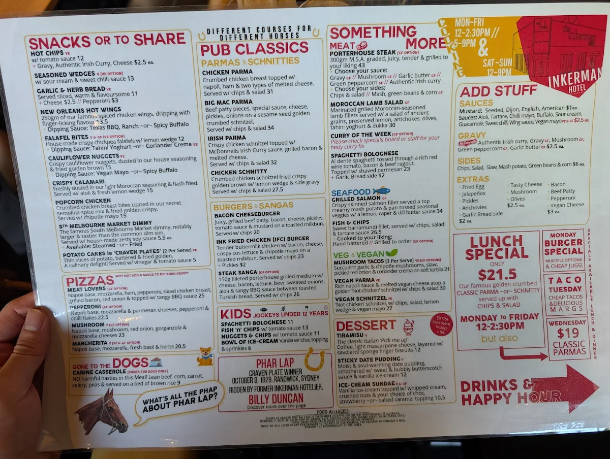 Menu, Inkerman Hotel