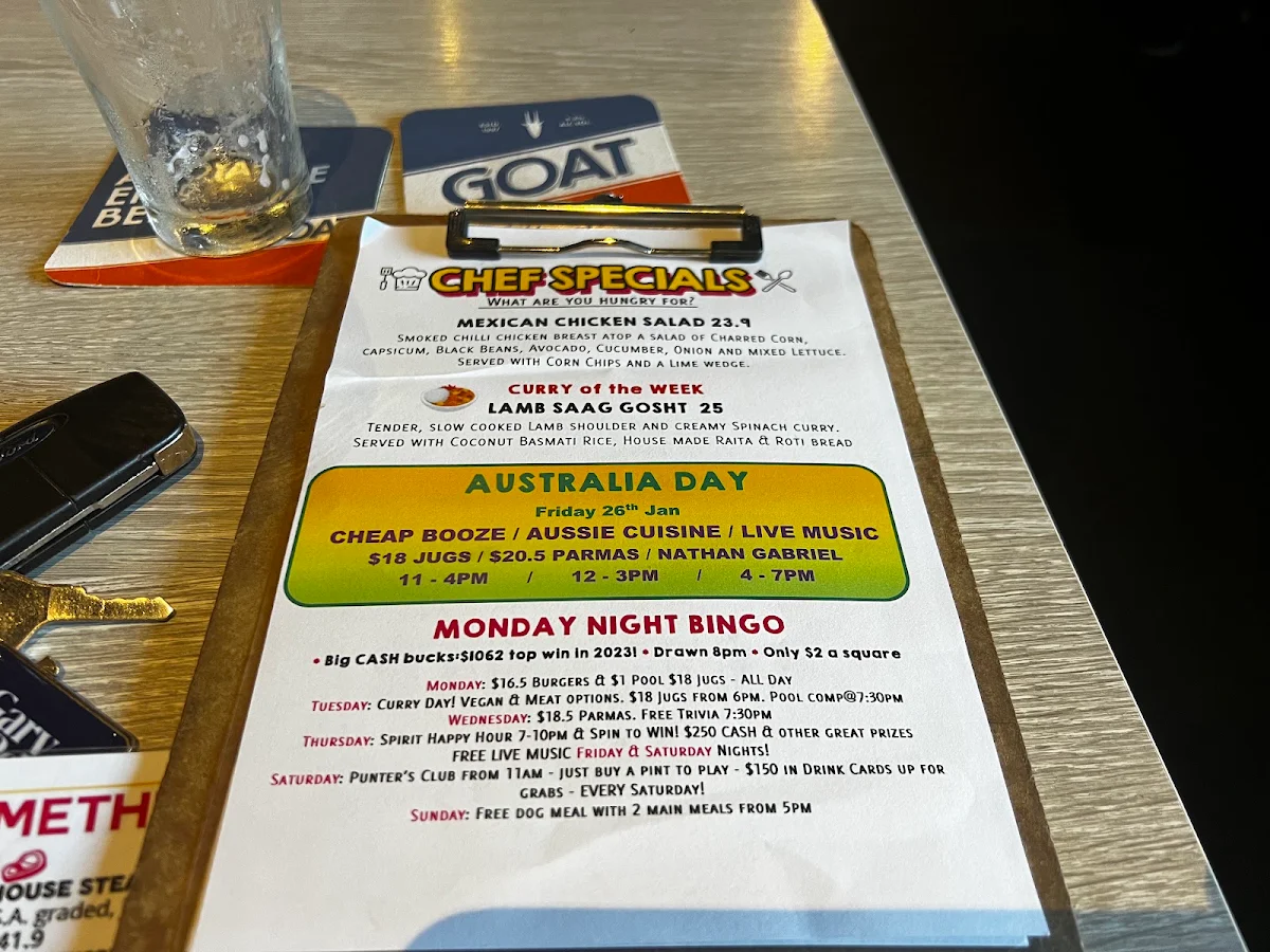 Menu, Inkerman Hotel