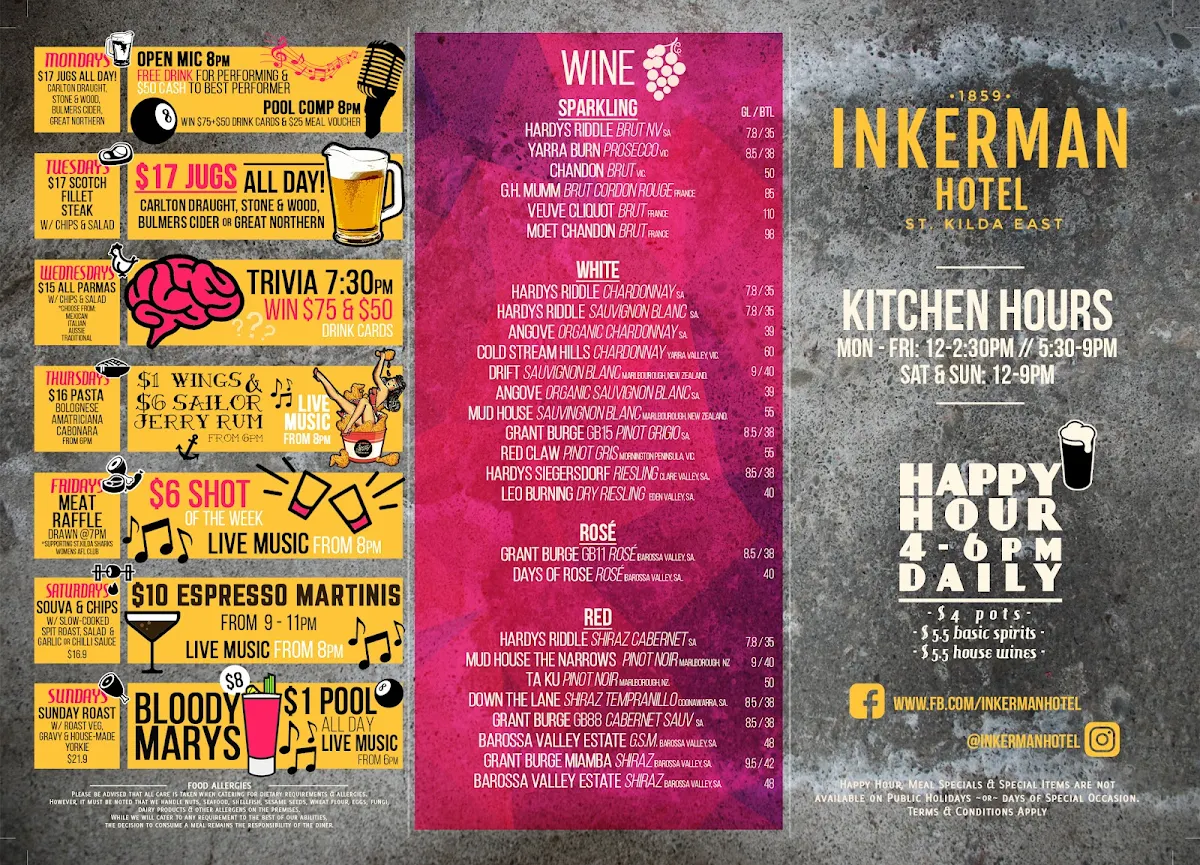 Menu, Inkerman Hotel