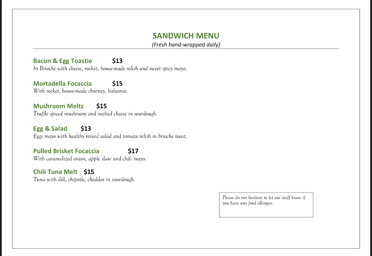 Menu, Phined Coffee