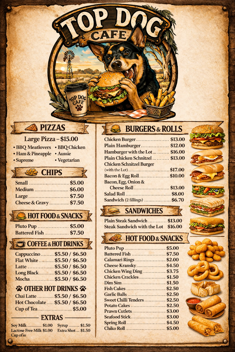 Menu, Top Dog Cafe - Barellan