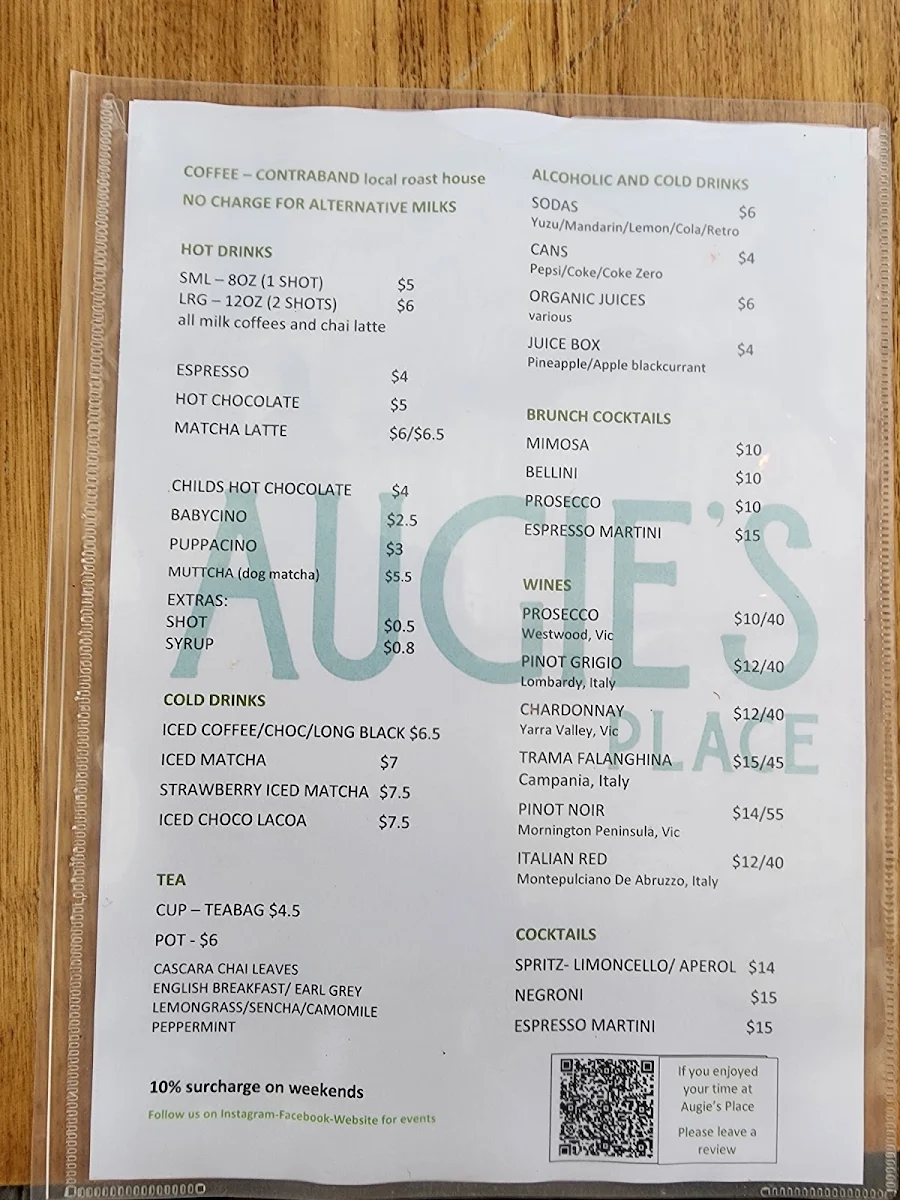 Menu, Augie's Place - Dog Friendly Cafe & Licenced Bar