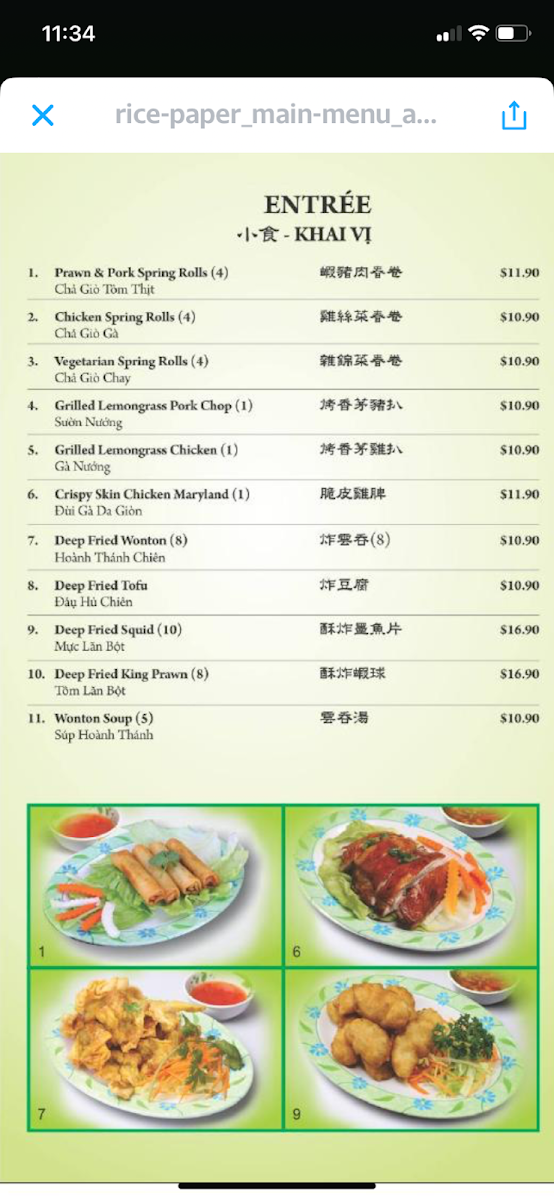 Menu, Rice Paper Vietnamese Cuisine