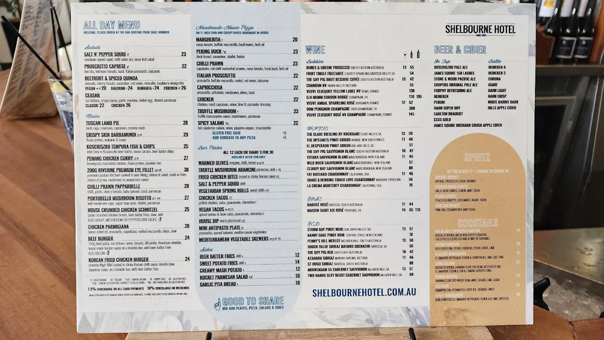 Menu, Shelbourne Hotel