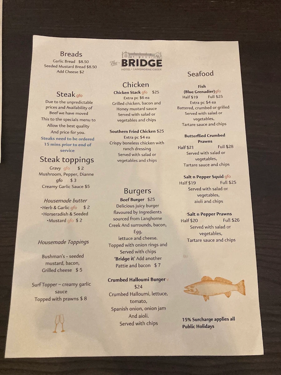 Menu, Bridge Hotel | Langhorne Creek