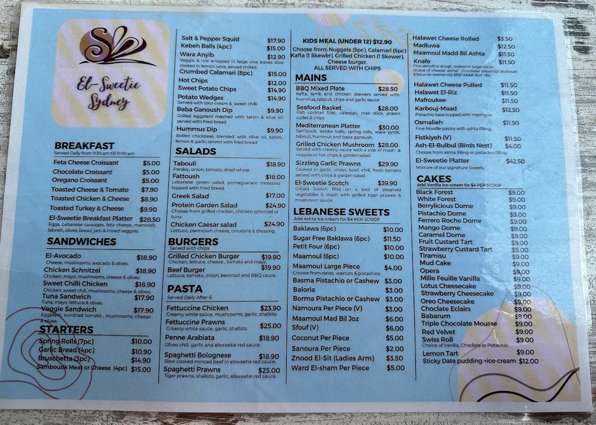 Menu, El Sweetie Granville