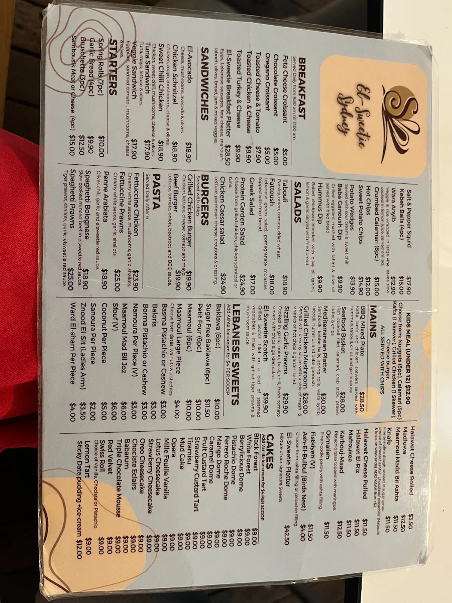 Menu, El Sweetie Granville