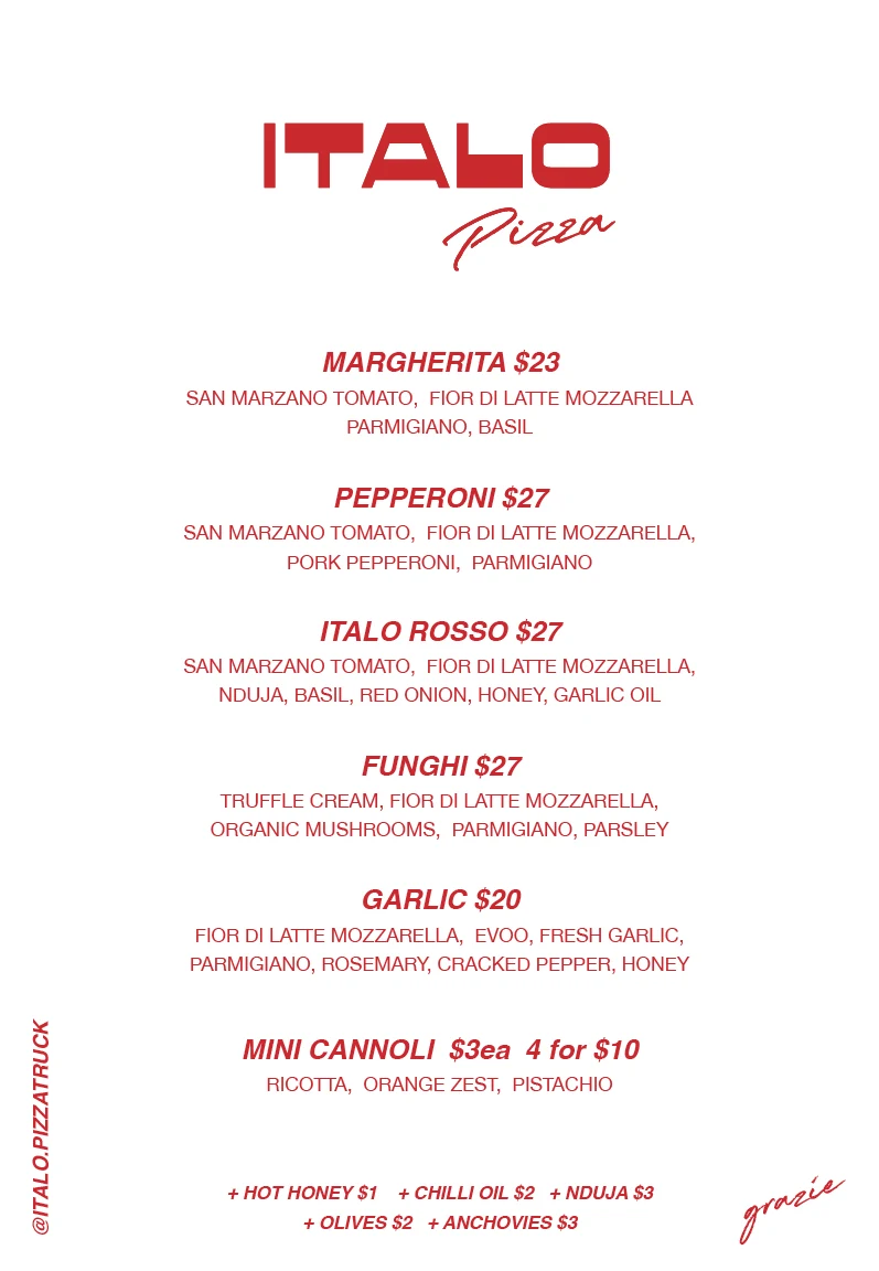 Menu, Italo Pizza Truck