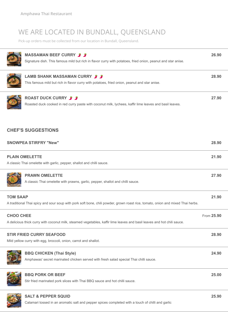 Menu, Amphawa Thai Restaurant