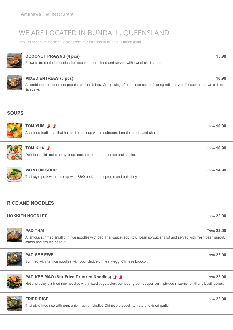 Menu, Amphawa Thai Restaurant