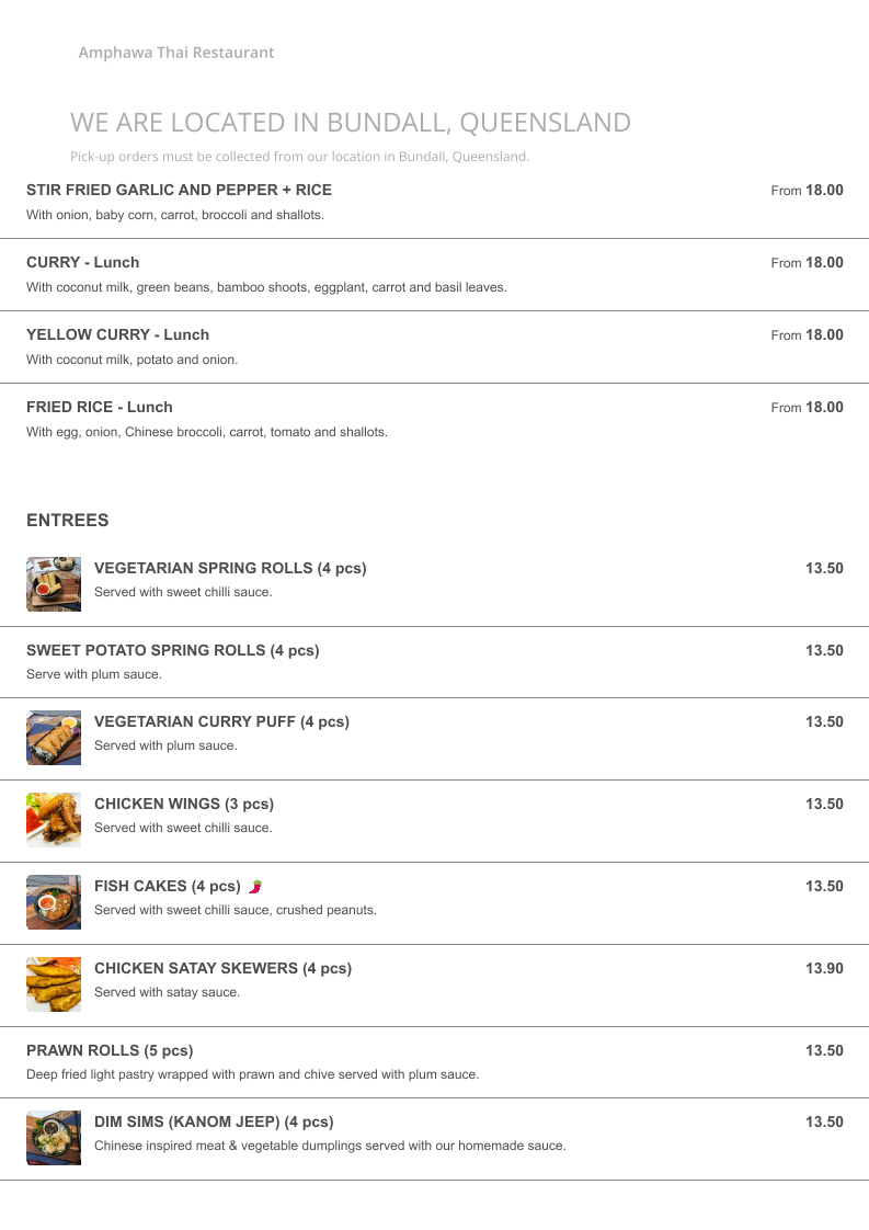 Menu, Amphawa Thai Restaurant