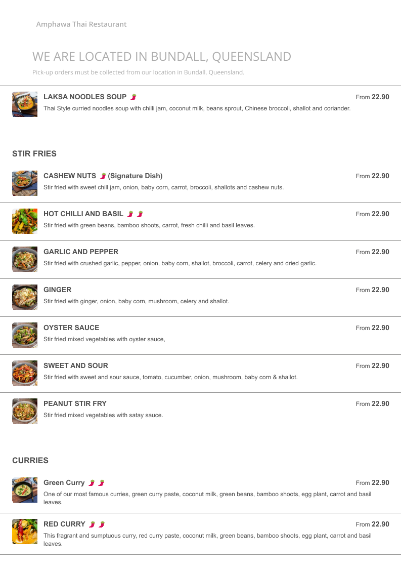 Menu, Amphawa Thai Restaurant