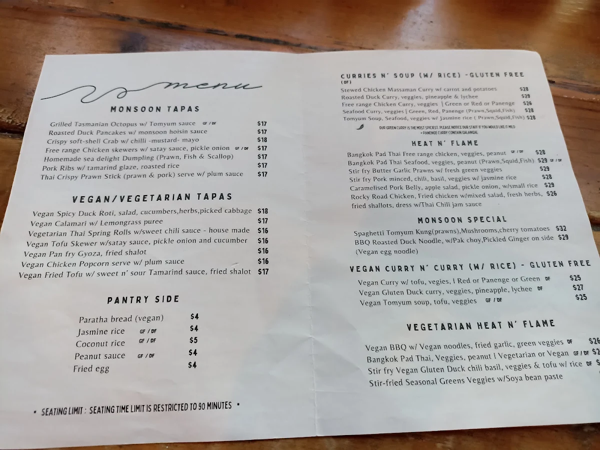 Menu, Monsoon Launceston