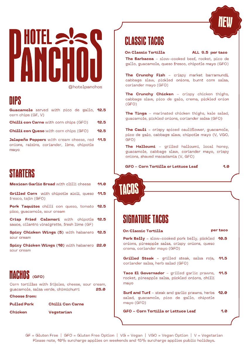 Menu, Hotel Panchos