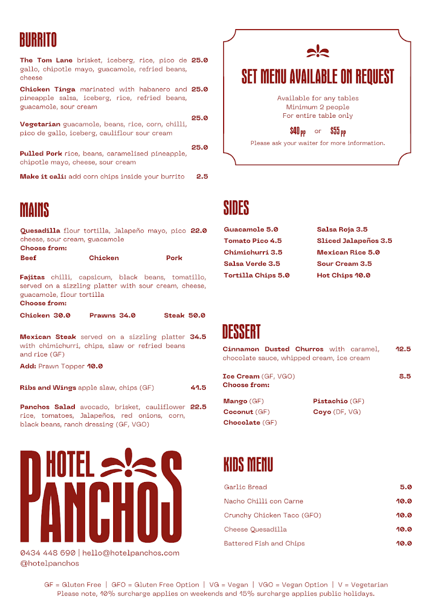 Menu, Hotel Panchos