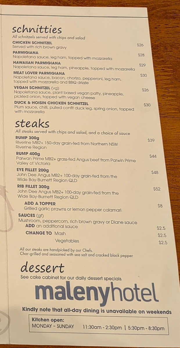 Menu, The Bistro at Maleny Hotel