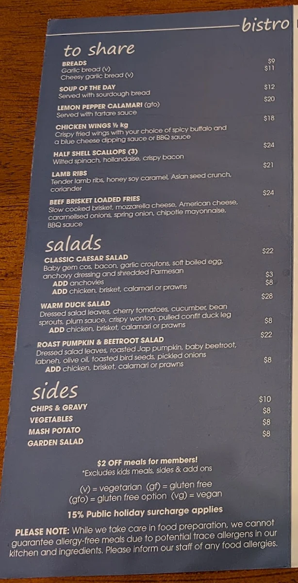 Menu, The Bistro at Maleny Hotel