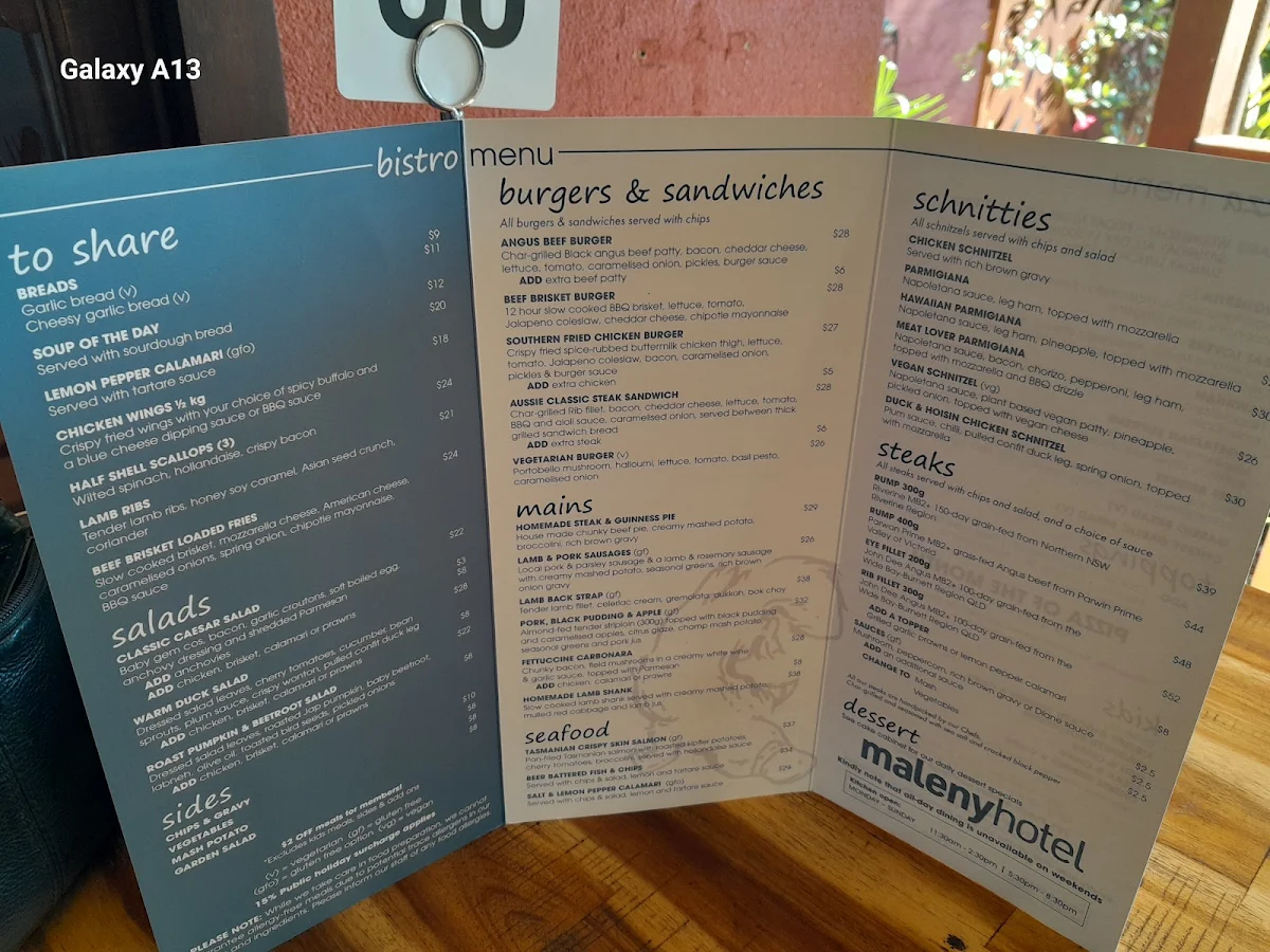 Menu, The Bistro at Maleny Hotel